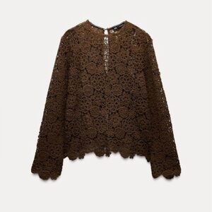ZARA CROCHET LACE LONG SLEEVE TOP Brown M
